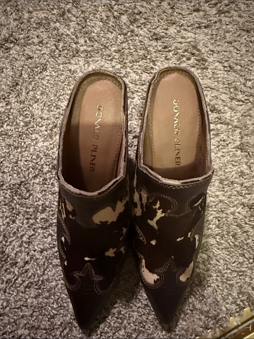 Donald J. Pliner Black and White Cowhide Pointed Mules